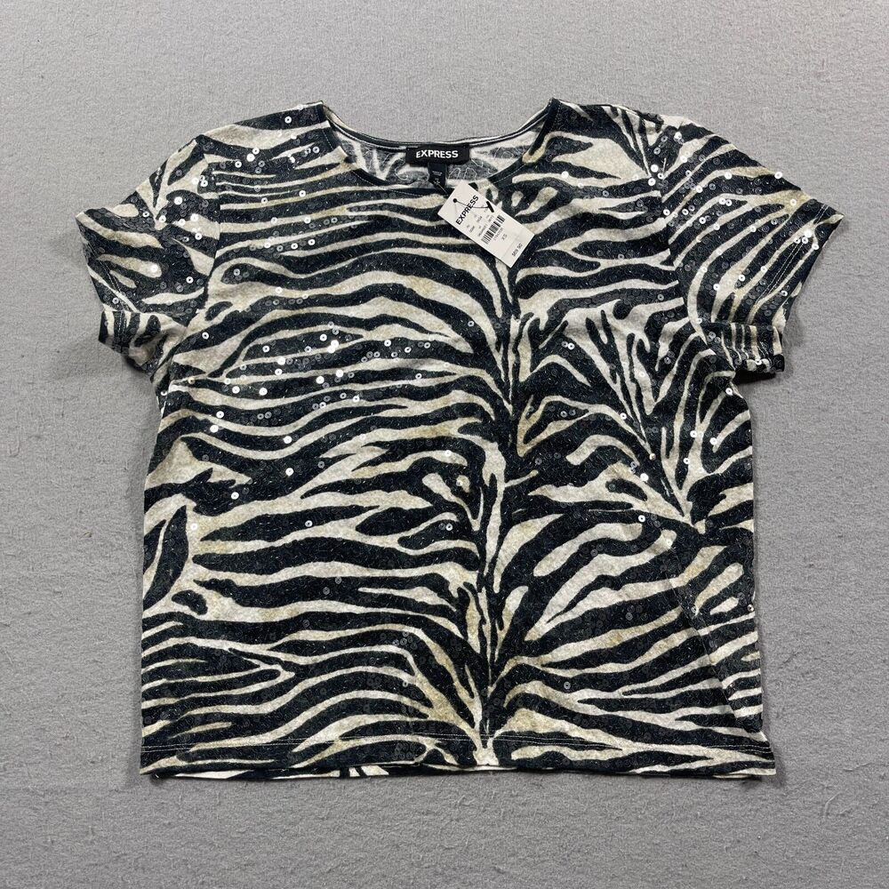 Express Shirt‎ Women XS Zebra Print Sequin Box Cut Casual Cocktail Work Office